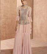 Pink Embroidered Georgette Stitched Anarkali Suit. Free size full stitched Up To 42" Size