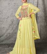 Yellow Embroidered Georgette Stitched Anarkali Suit. Free size full stitched Up To 42" Size