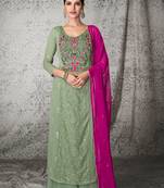 Dusty Green Embroidered Georgette Stitched Straight Suit. (Size Upto 42)