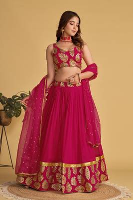 Pink Zari Sequins Embroidered Georgette Lehenga Choli For Bride 1