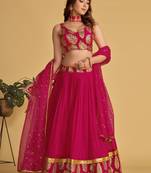 Pink Zari Sequins Embroidered Georgette Lehenga Choli For Bride