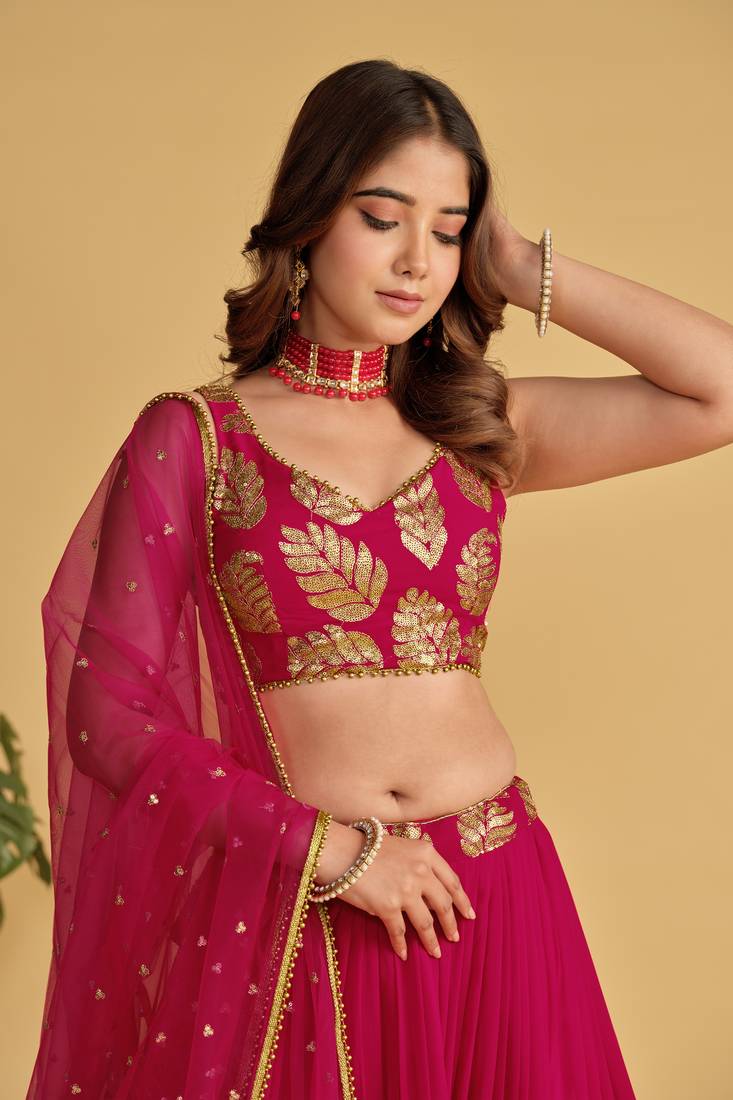 Pink Zari Sequins Embroidered Georgette Lehenga Choli For Bride