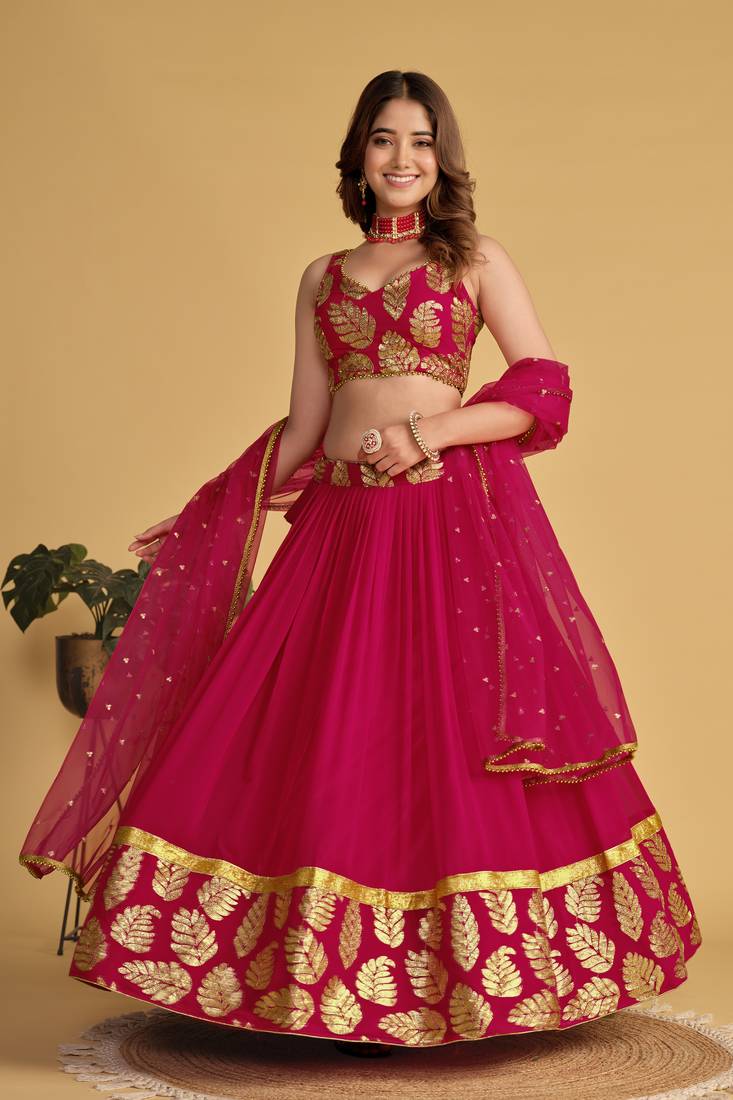 Pink Zari Sequins Embroidered Georgette Lehenga Choli For Bride