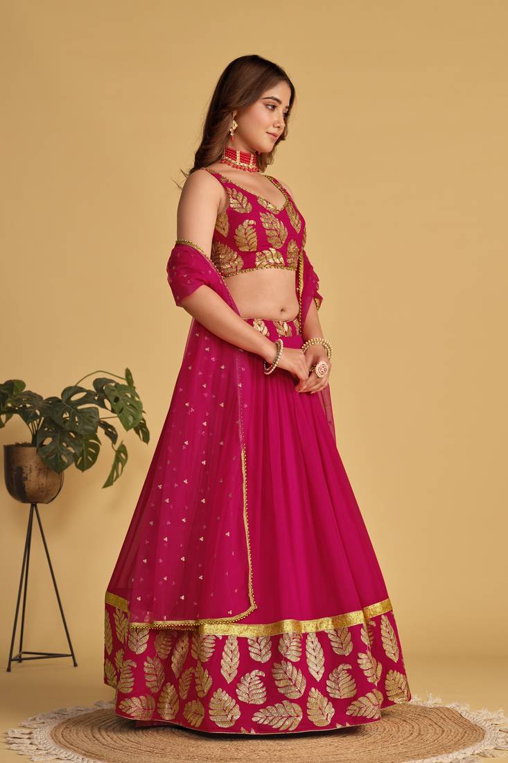Pink Zari Sequins Embroidered Georgette Lehenga Choli For Bride