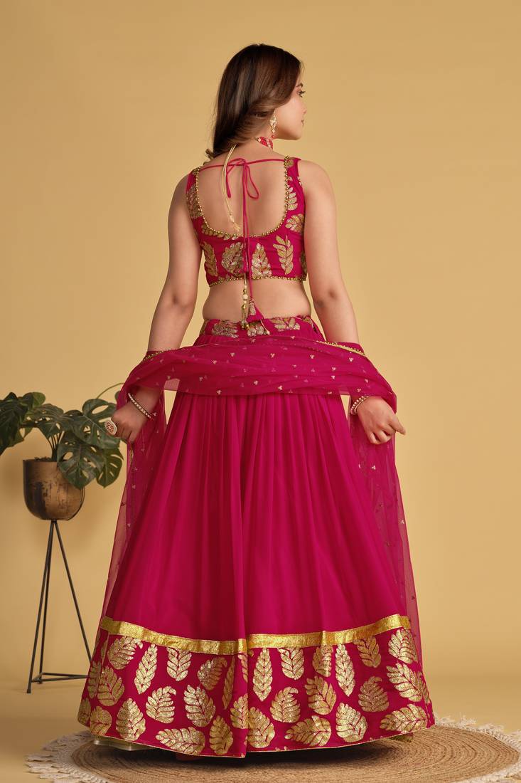 Pink Zari Sequins Embroidered Georgette Lehenga Choli For Bride