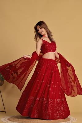 Red Zari Sequins Embroidered Georgette Designer Party Wear Lehenga Choli 1