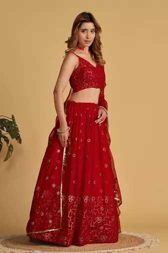 Red Zari Sequins Embroidered Georgette Designer Party Wear Lehenga Choli