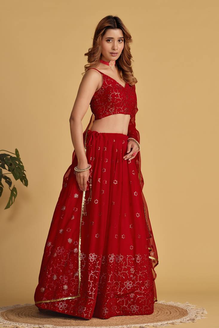 Red Zari Sequins Embroidered Georgette Designer Party Wear Lehenga Choli