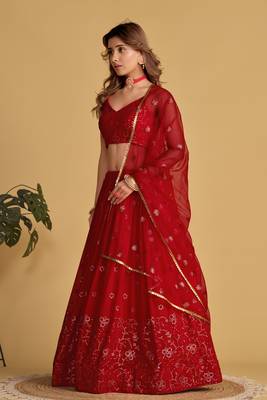 Red Zari Sequins Embroidered Georgette Designer Party Wear Lehenga Choli 4