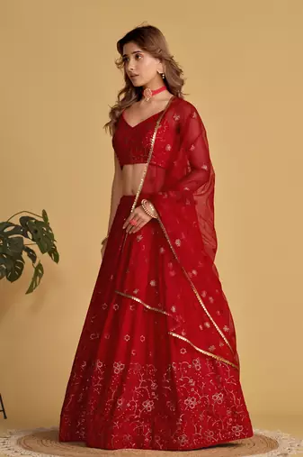 Red Zari Sequins Embroidered Georgette Designer Party Wear Lehenga Choli