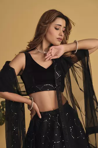 Black Organza Silver Sequin Work Lehenga Choli Set