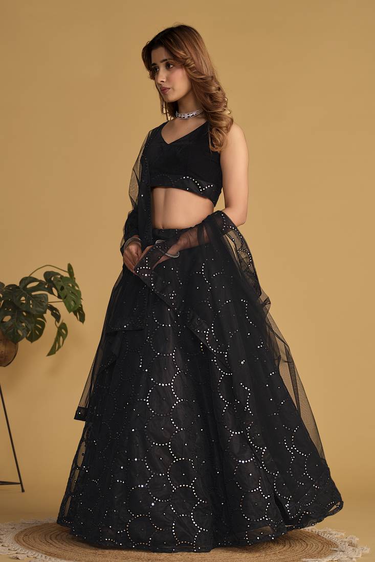 Black Organza Silver Sequin Work Lehenga Choli Set
