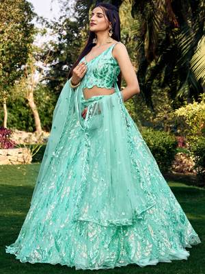 Seductive Blue Multiple Sequins And Thread Embroider Net Lehenga Choli 1