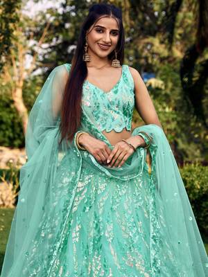 Seductive Blue Multiple Sequins And Thread Embroider Net Lehenga Choli 2