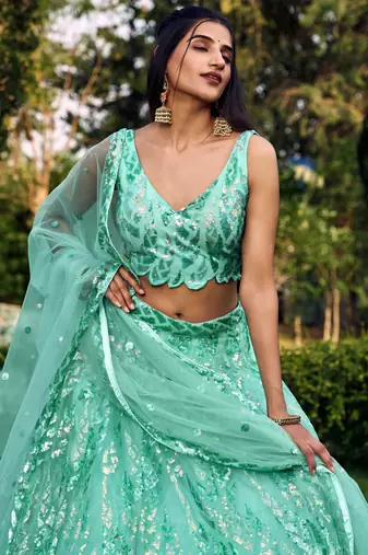 Seductive Blue Multiple Sequins And Thread Embroider Net Lehenga Choli