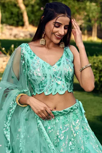 Seductive Blue Multiple Sequins And Thread Embroider Net Lehenga Choli