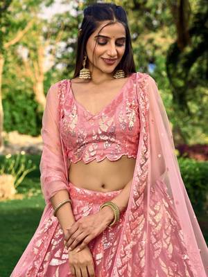 Provocative Pink Multiple Sequins And Thread Embroider Net Lehenga Choli 2