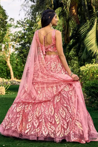 Provocative Pink Multiple Sequins And Thread Embroider Net Lehenga Choli