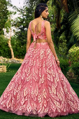 Provocative Pink Multiple Sequins And Thread Embroider Net Lehenga Choli