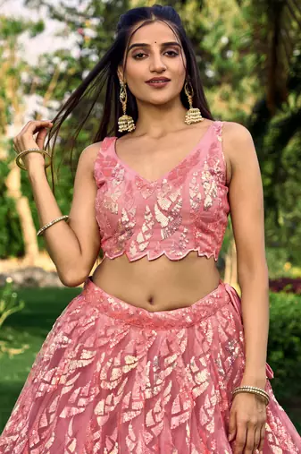 Provocative Pink Multiple Sequins And Thread Embroider Net Lehenga Choli