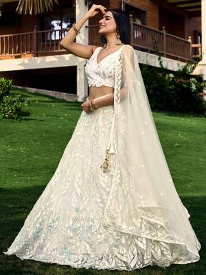  White Multiple Sequins And Thread Embroider Net Lehenga Choli 1