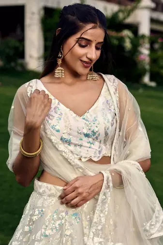  White Multiple Sequins And Thread Embroider Net Lehenga Choli