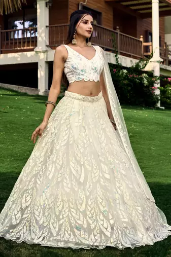  White Multiple Sequins And Thread Embroider Net Lehenga Choli