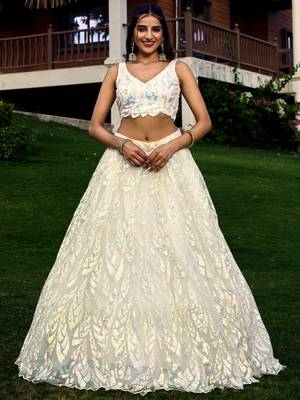 White Multiple Sequins And Thread Embroider Net Lehenga Choli 4
