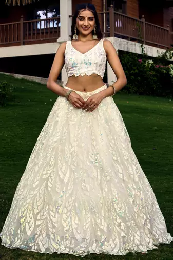  White Multiple Sequins And Thread Embroider Net Lehenga Choli