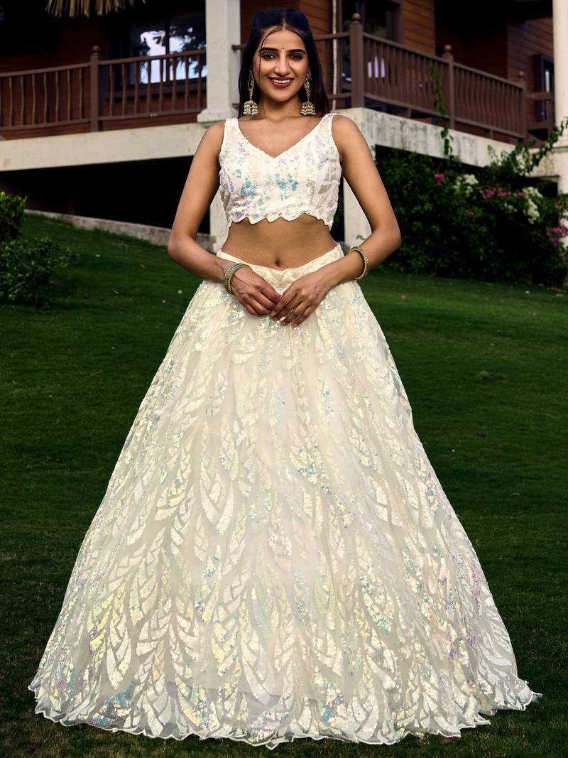  White Multiple Sequins And Thread Embroider Net Lehenga Choli