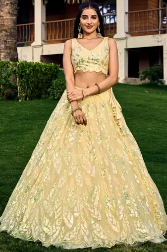  Yellow Multiple Sequins And Thread Embroider Net Lehenga Choli