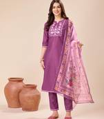  mauve viscose floral embroidered kurta with pant & dupatta
