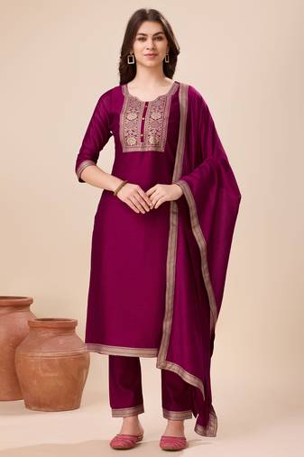 Mojilaa women's burgundy vichitra silk geometric jacquard kurta with pant & dupatta