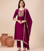 Mojilaa women's burgundy vichitra silk geometric jacquard kurta with pant & dupatta