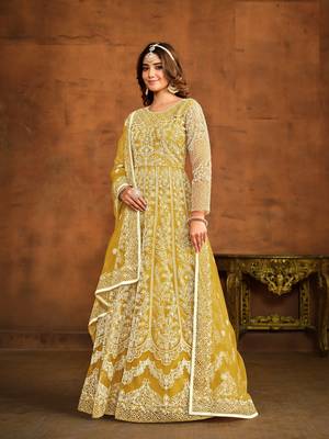 YELLOW EMBROIDERED SOFT NET ANARKALI SALWAR KAMEEZ 2