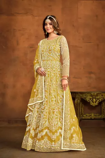 YELLOW EMBROIDERED SOFT NET ANARKALI SALWAR KAMEEZ