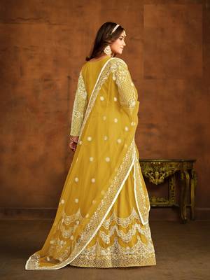YELLOW EMBROIDERED SOFT NET ANARKALI SALWAR KAMEEZ 3