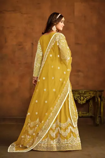 YELLOW EMBROIDERED SOFT NET ANARKALI SALWAR KAMEEZ