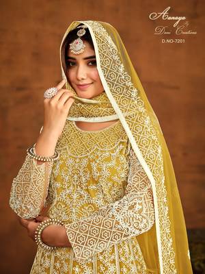 YELLOW EMBROIDERED SOFT NET ANARKALI SALWAR KAMEEZ 4
