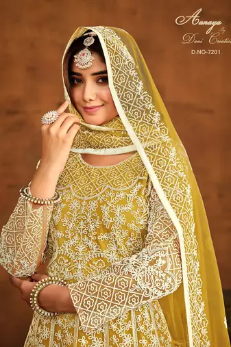 YELLOW EMBROIDERED SOFT NET ANARKALI SALWAR KAMEEZ