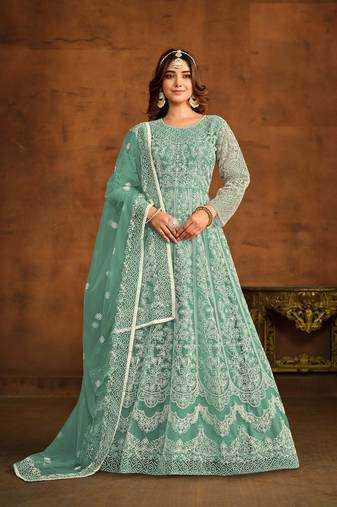 SEA GREEN EMBROIDERED SOFT NET ANARKALI SALWAR KAMEEZ