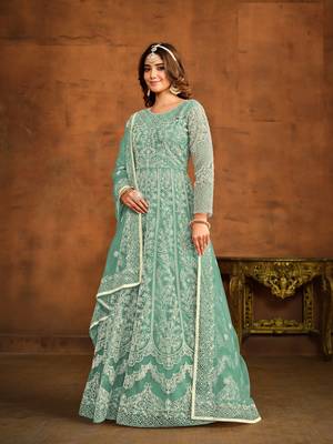 SEA GREEN EMBROIDERED SOFT NET ANARKALI SALWAR KAMEEZ 2
