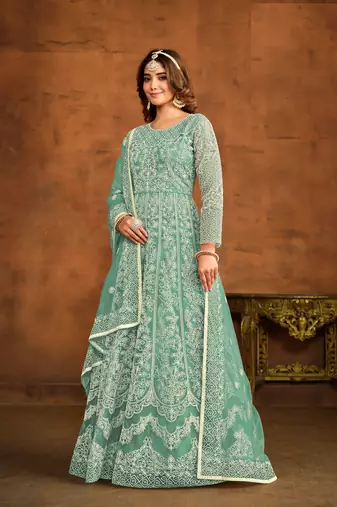 SEA GREEN EMBROIDERED SOFT NET ANARKALI SALWAR KAMEEZ