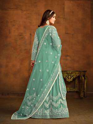 SEA GREEN EMBROIDERED SOFT NET ANARKALI SALWAR KAMEEZ 3