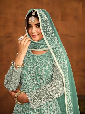 SEA GREEN EMBROIDERED SOFT NET ANARKALI SALWAR KAMEEZ 4