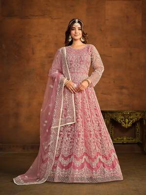 PINK EMBROIDERED SOFT NET ANARKALI SALWAR KAMEEZ 1