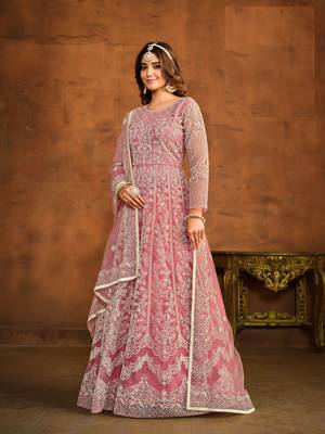 PINK EMBROIDERED SOFT NET ANARKALI SALWAR KAMEEZ 2