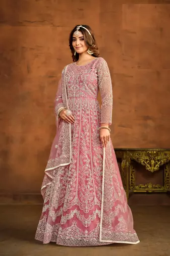 PINK EMBROIDERED SOFT NET ANARKALI SALWAR KAMEEZ
