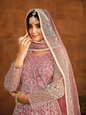 PINK EMBROIDERED SOFT NET ANARKALI SALWAR KAMEEZ 4