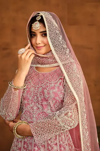 PINK EMBROIDERED SOFT NET ANARKALI SALWAR KAMEEZ